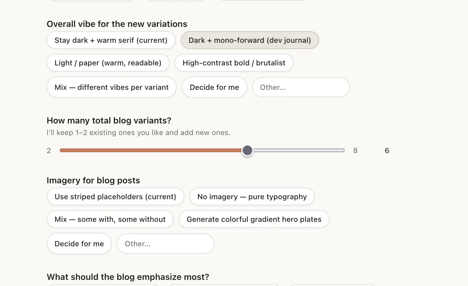 Claude Design questionnaire panel — vibe selector, variant slider, imagery options